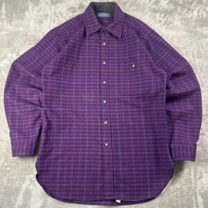 Vintage 70s Pendleton Men’s M Purple Plaid Wool Shirt USA Leather Elbow Patches